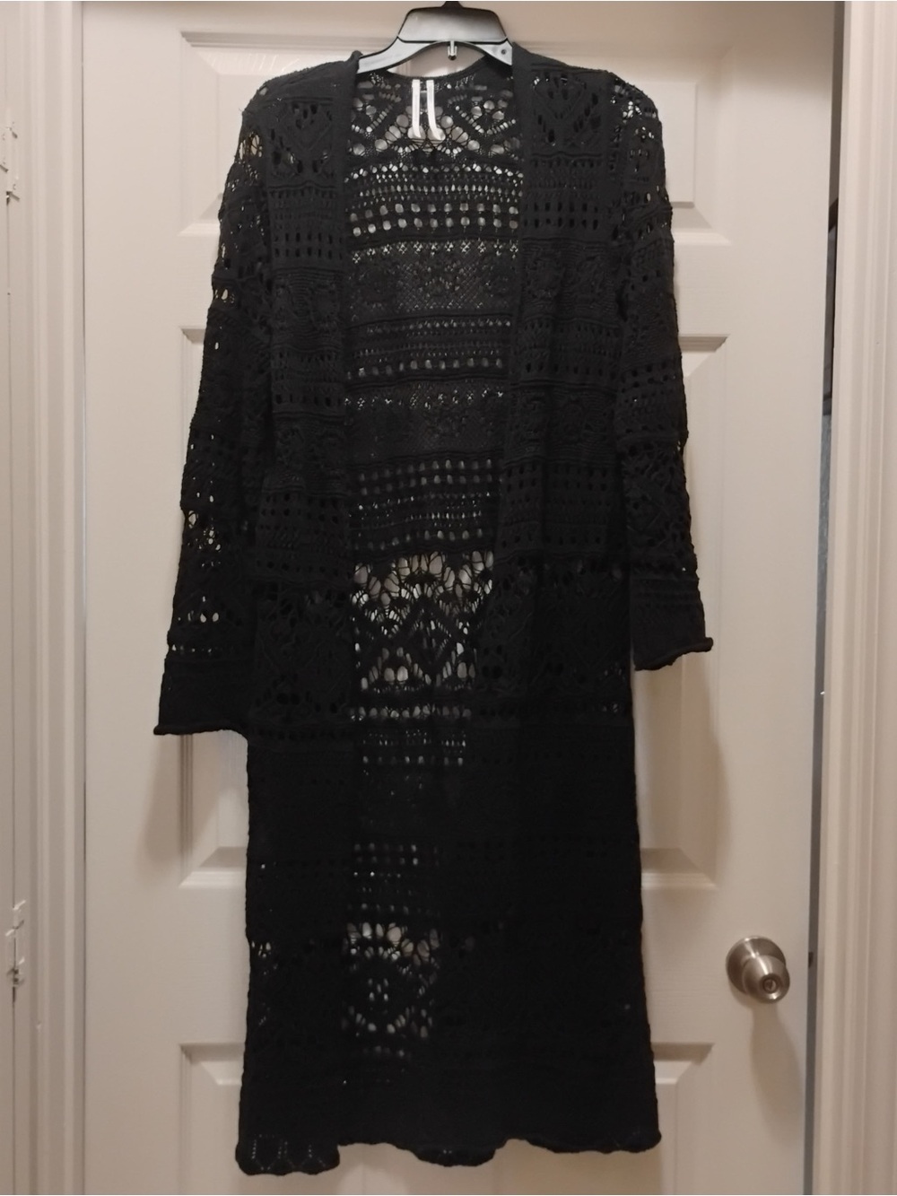 Anthropologie Black Crochet Open-Knit Long Cardigan Duster Oversized Size S